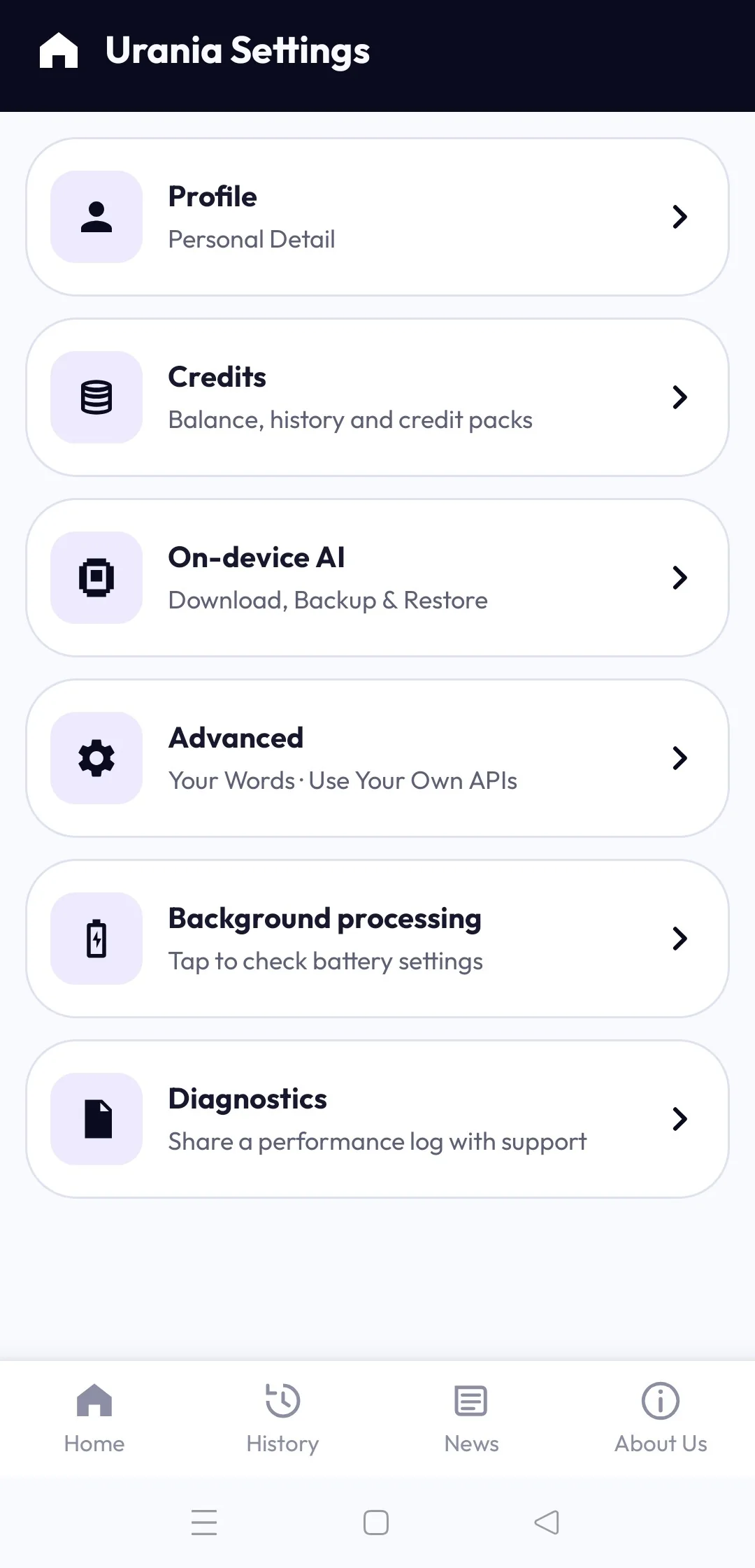 Urania Settings cards including Profile, Credits and Advanced