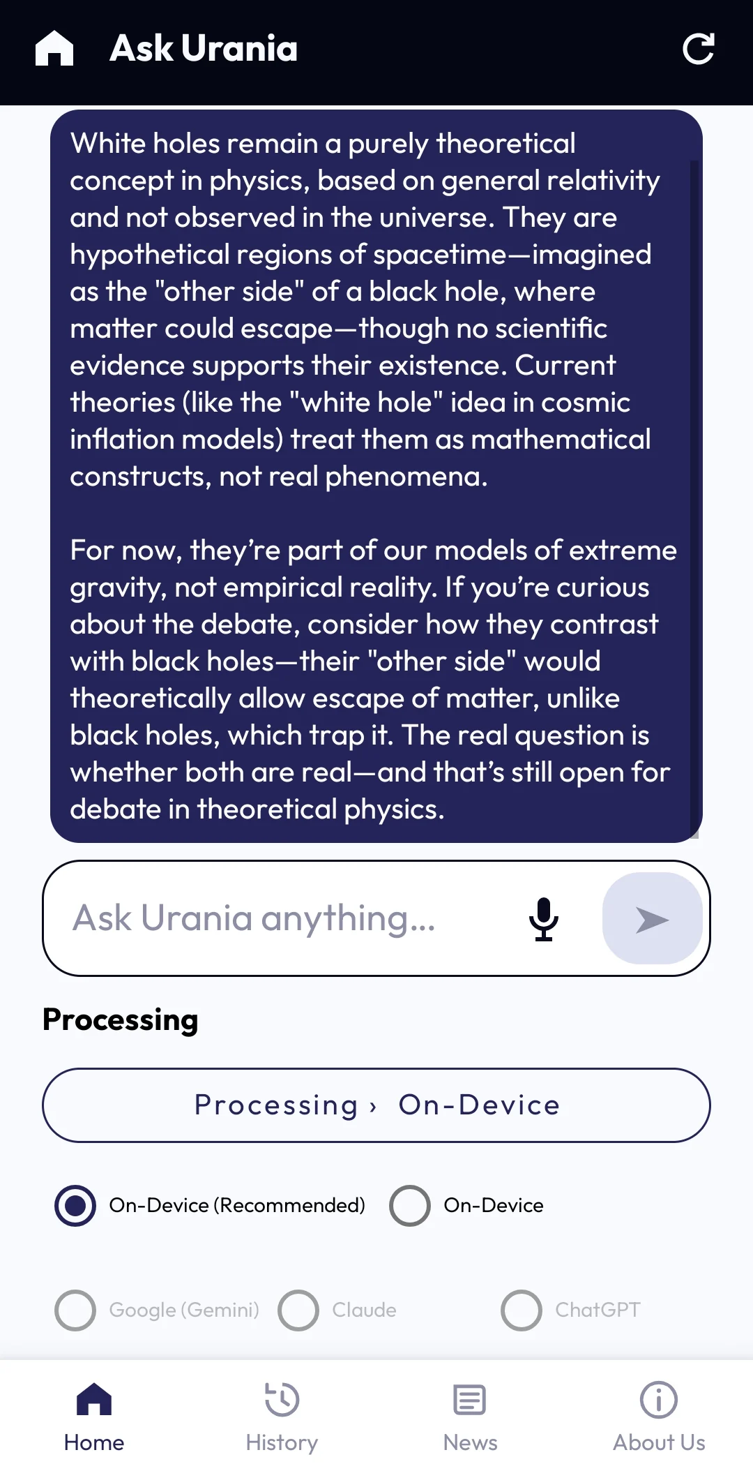 Urania Ask screen showing an answer
